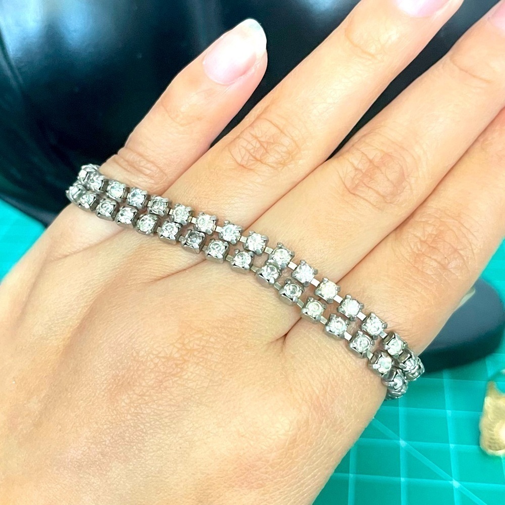 Vintage crystal two strand silver tone tennis bracelet